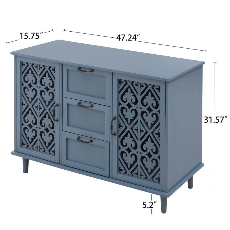 2-Door 3-Drawer Storage Cabinet with Carved Panel & Solid Wood Feet