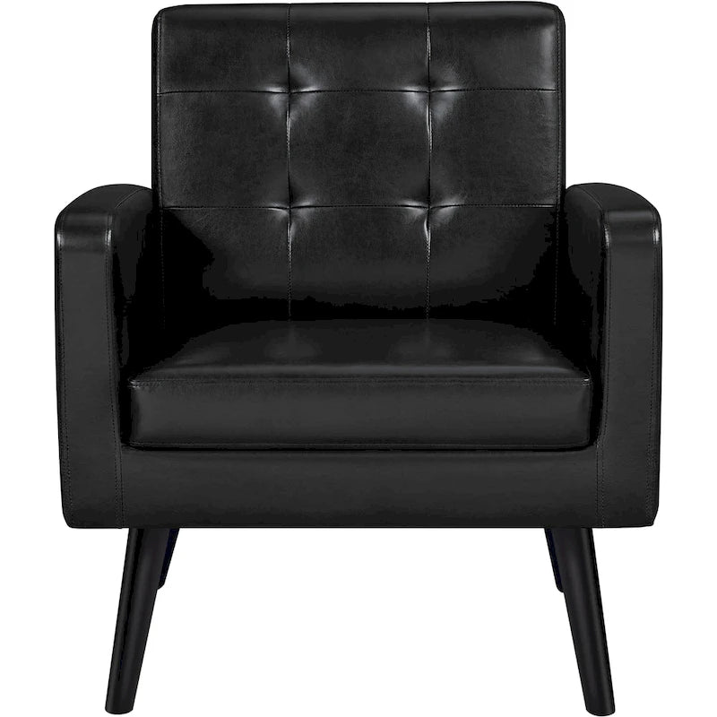 Mid-Century Tufted Faux Leather Accent Armchair with Rubberwood Legs