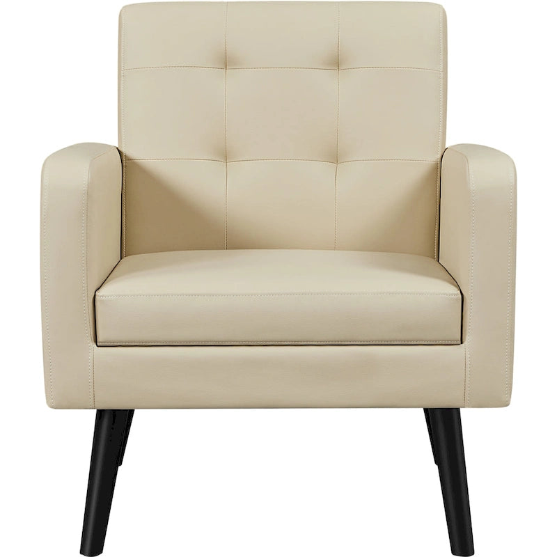 Mid-Century Tufted Faux Leather Accent Armchair with Rubberwood Legs