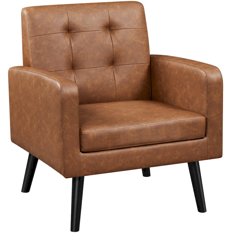 Mid-Century Tufted Faux Leather Accent Armchair with Rubberwood Legs
