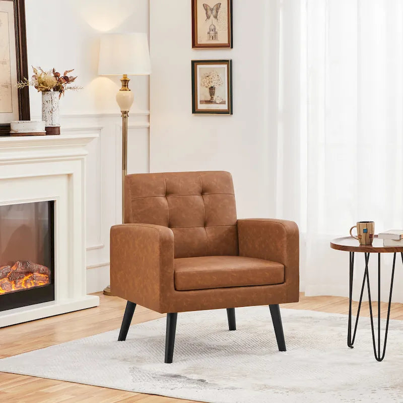 Mid-Century Tufted Faux Leather Accent Armchair with Rubberwood Legs