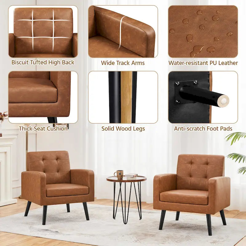 Mid-Century Tufted Faux Leather Accent Armchair with Rubberwood Legs