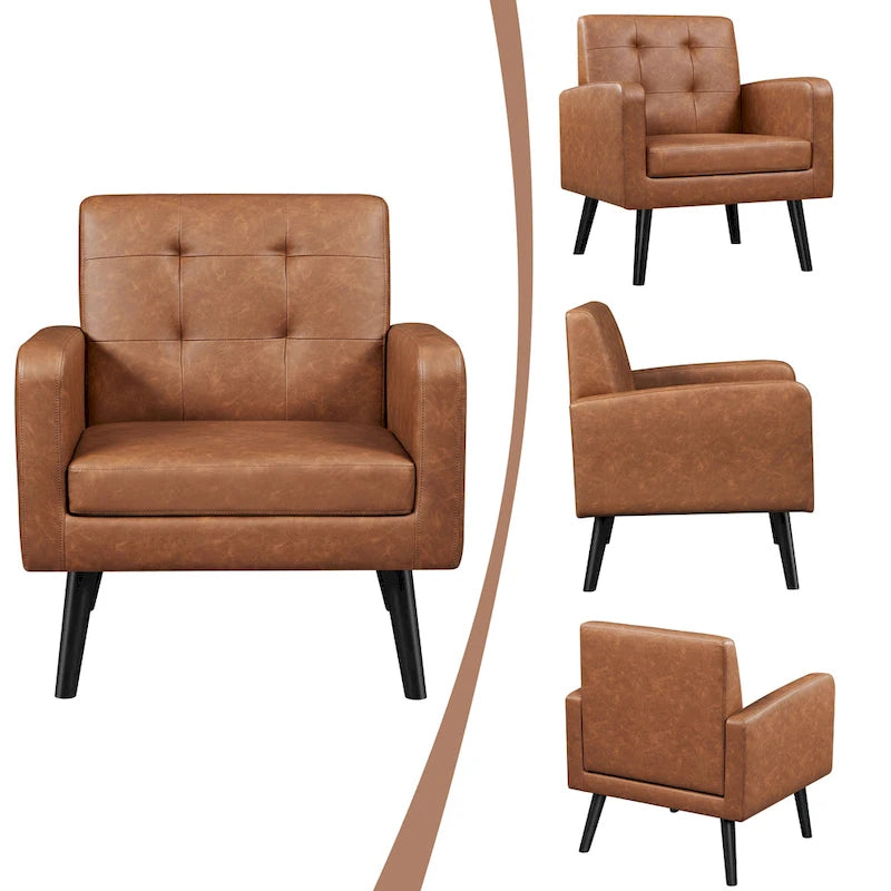 Mid-Century Tufted Faux Leather Accent Armchair with Rubberwood Legs