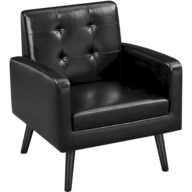 Mid-Century Tufted Faux Leather Accent Armchair with Rubberwood Legs