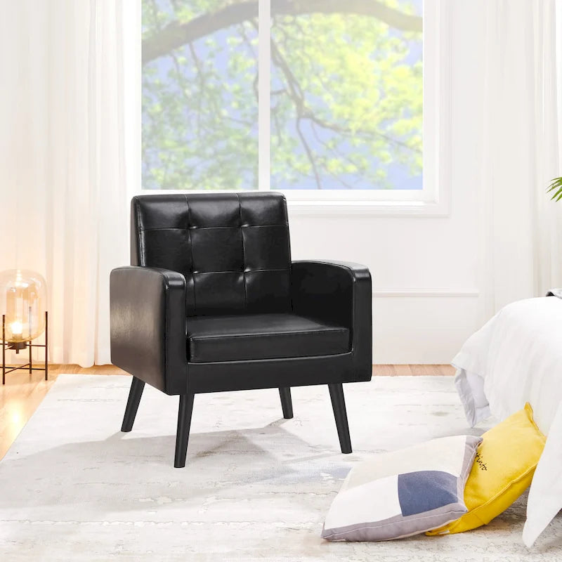 Mid-Century Tufted Faux Leather Accent Armchair with Rubberwood Legs
