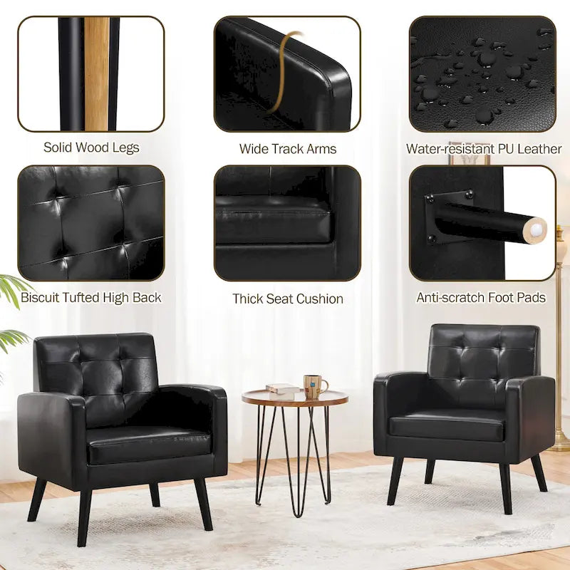 Mid-Century Tufted Faux Leather Accent Armchair with Rubberwood Legs