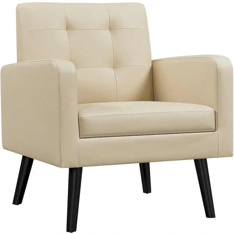 Mid-Century Tufted Faux Leather Accent Armchair with Rubberwood Legs
