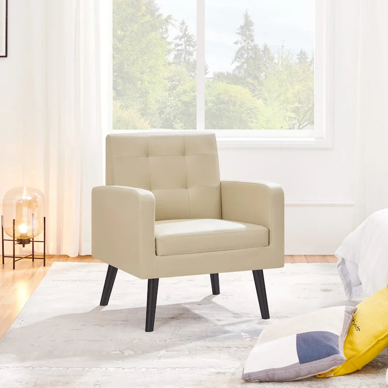 Mid-Century Tufted Faux Leather Accent Armchair with Rubberwood Legs