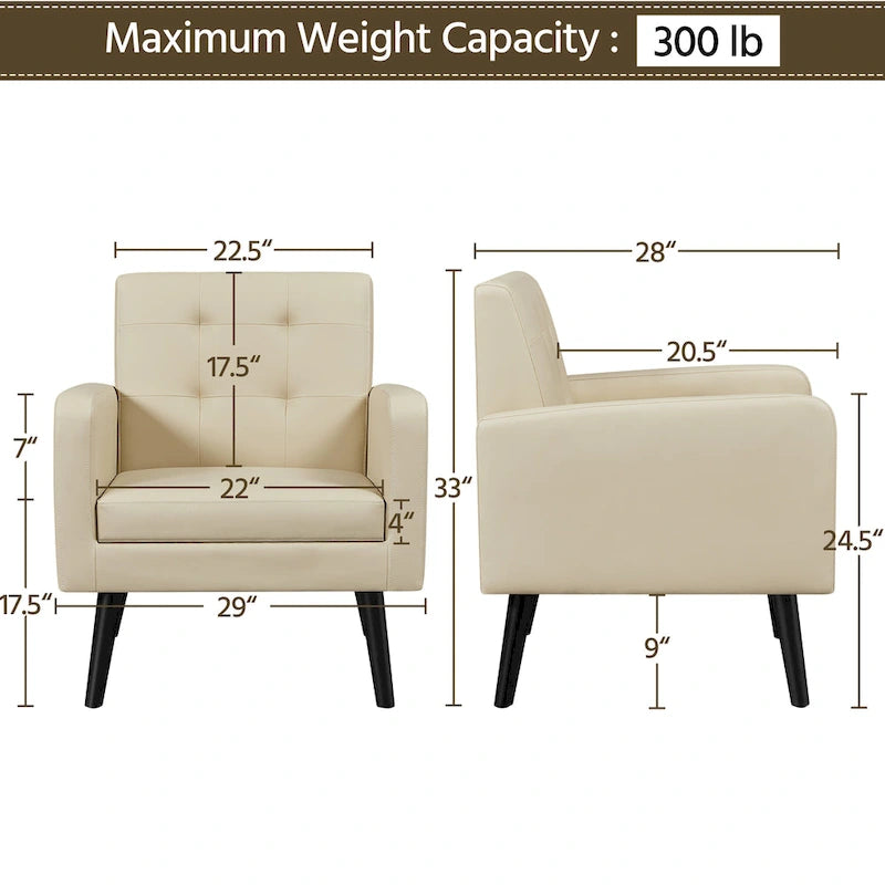 Mid-Century Tufted Faux Leather Accent Armchair with Rubberwood Legs