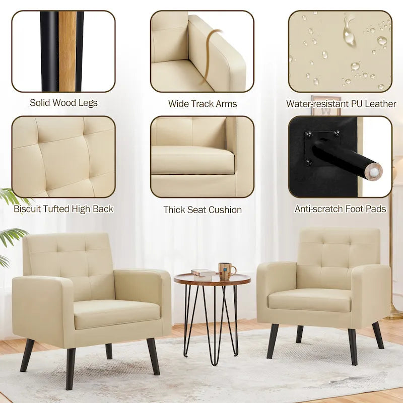 Mid-Century Tufted Faux Leather Accent Armchair with Rubberwood Legs