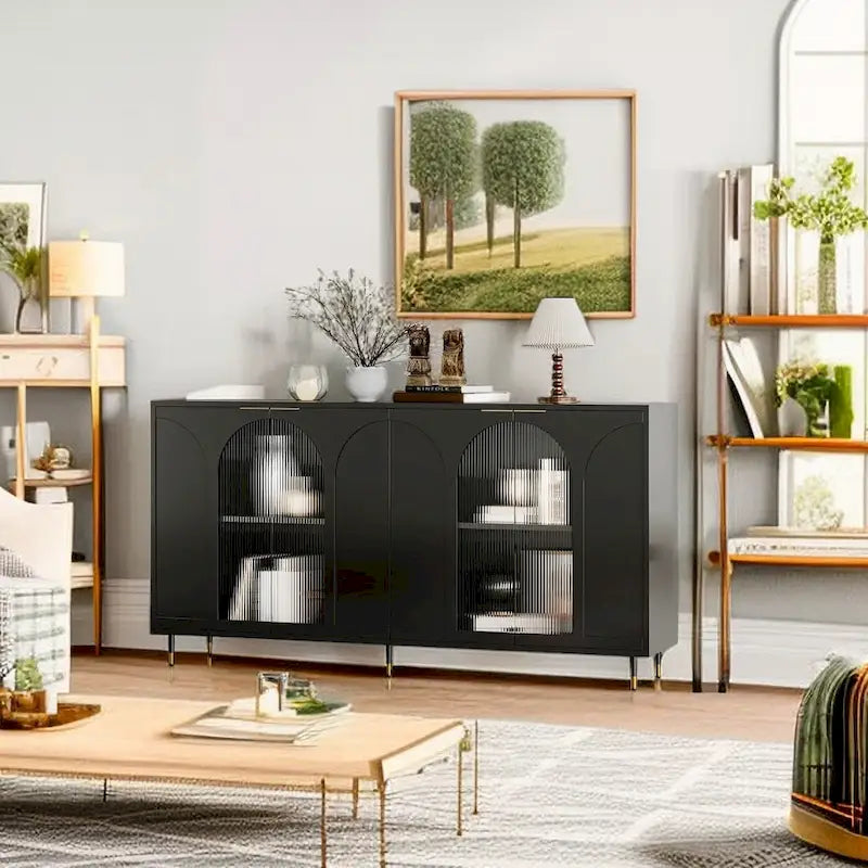 Minimalist Glass Door Sideboard Cabinet with Metal Legs