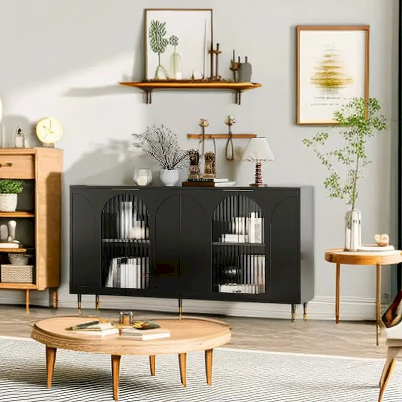 Minimalist Glass Door Sideboard Cabinet with Metal Legs