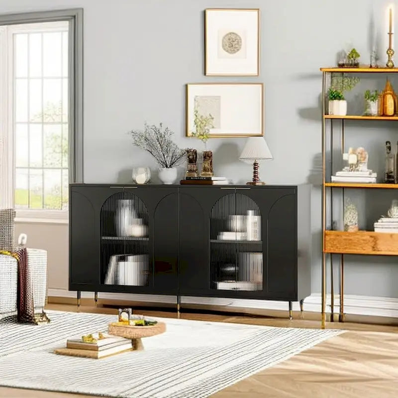 Minimalist Glass Door Sideboard Cabinet with Metal Legs
