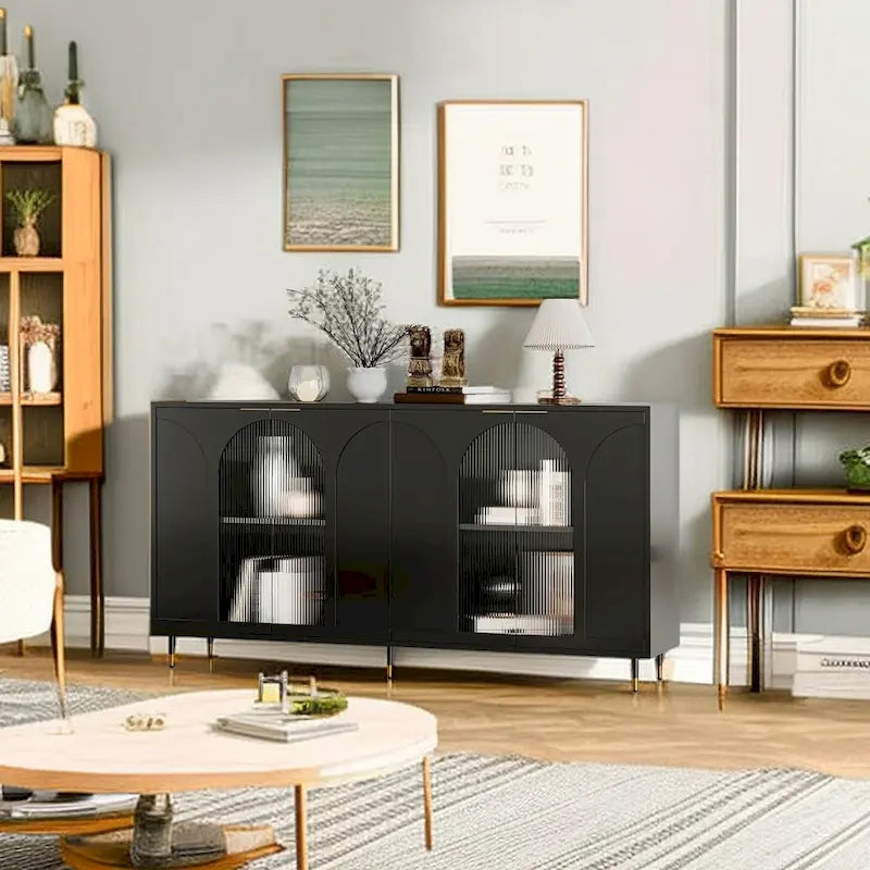 Minimalist Glass Door Sideboard Cabinet with Metal Legs