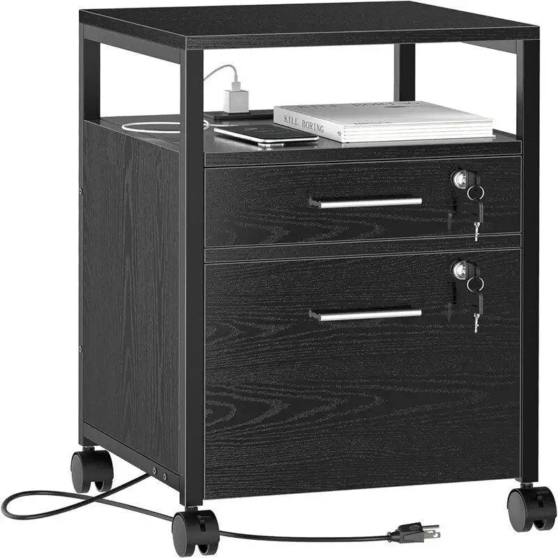 2-Drawer Rolling File Cabinet with Lock & Built-In Charging Station