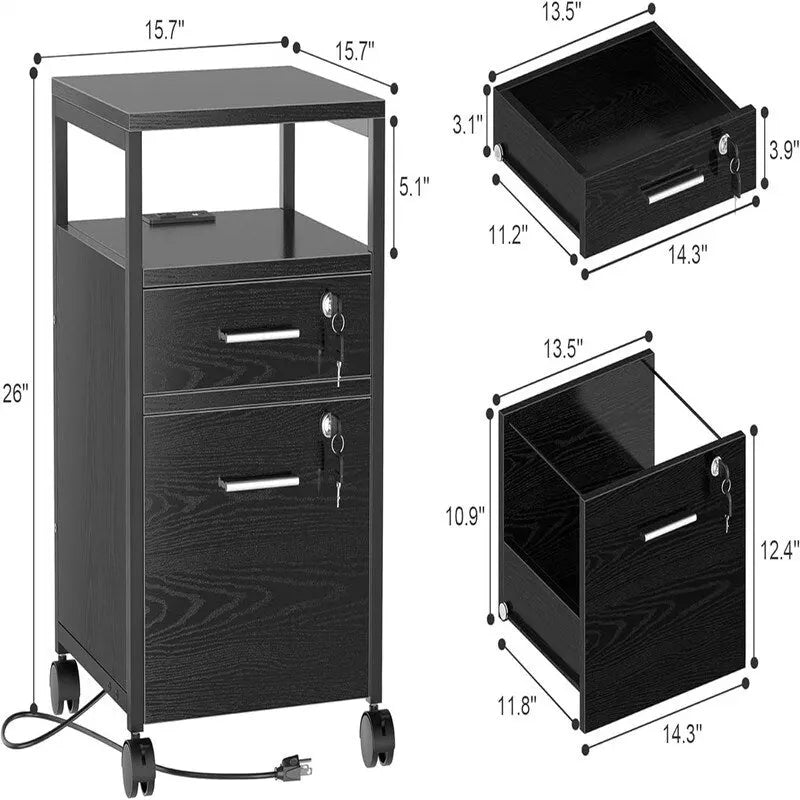 2-Drawer Rolling File Cabinet with Lock & Built-In Charging Station