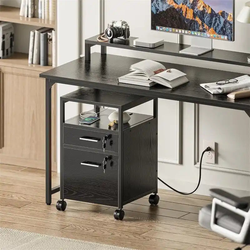 2-Drawer Rolling File Cabinet with Lock & Built-In Charging Station