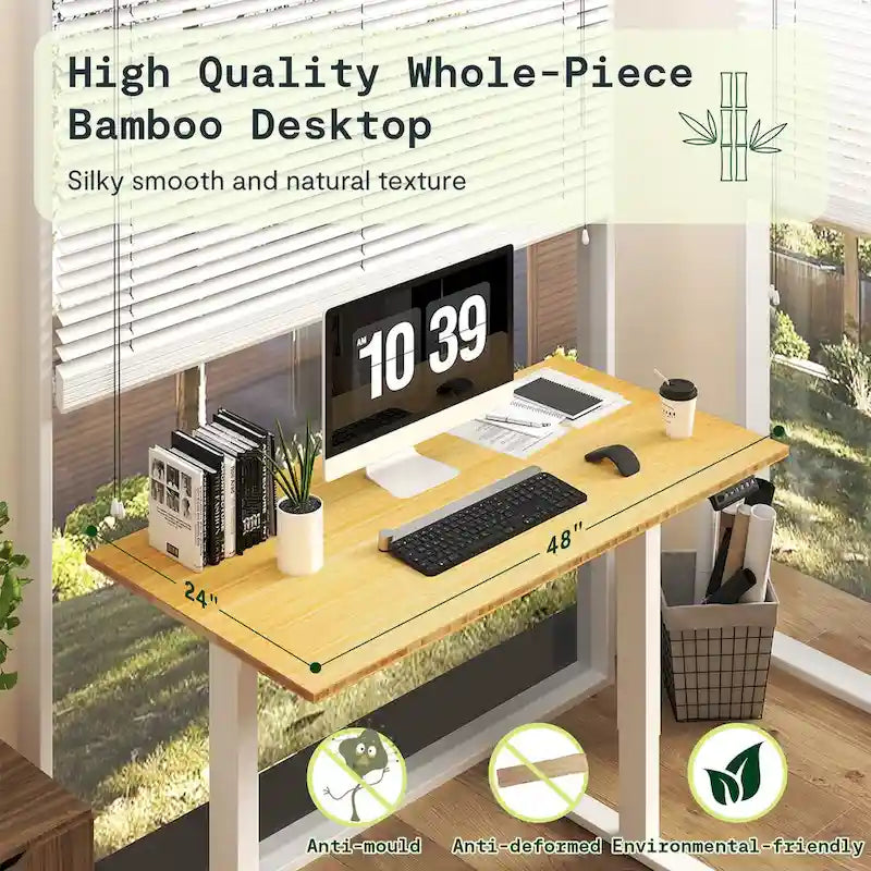 Electric Height-Adjustable Standing Desk with 100% Bamboo Top & Memory Controller