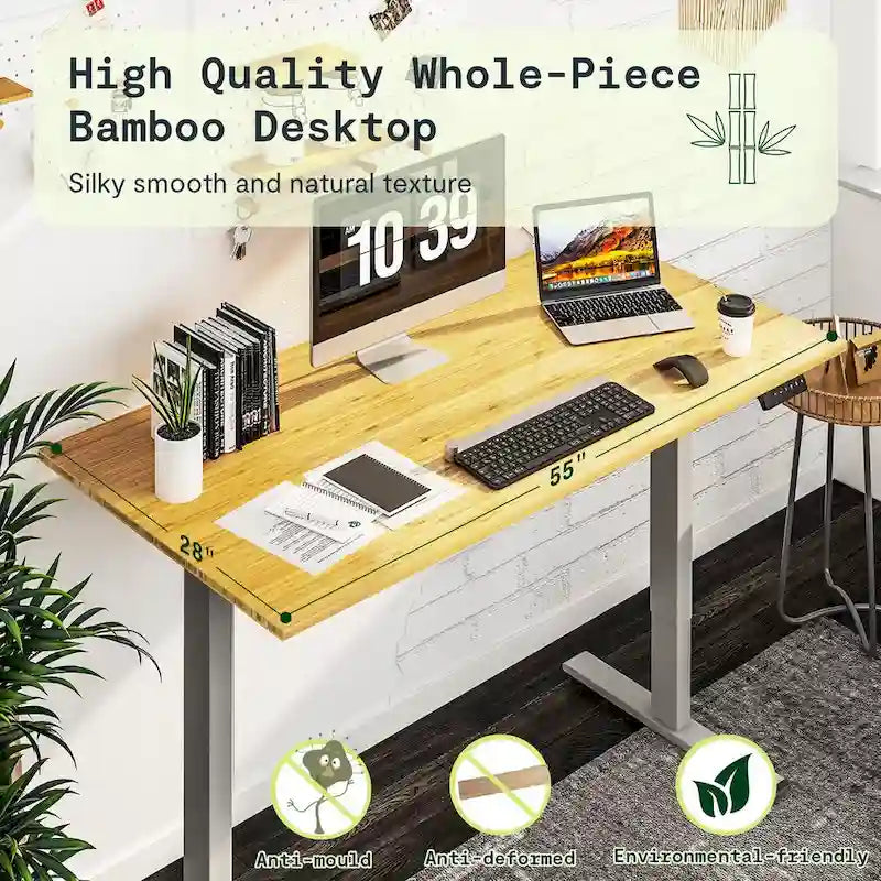 Electric Height-Adjustable Standing Desk with 100% Bamboo Top & Memory Controller