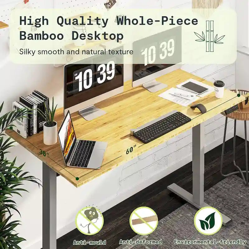 Electric Height-Adjustable Standing Desk with 100% Bamboo Top & Memory Controller