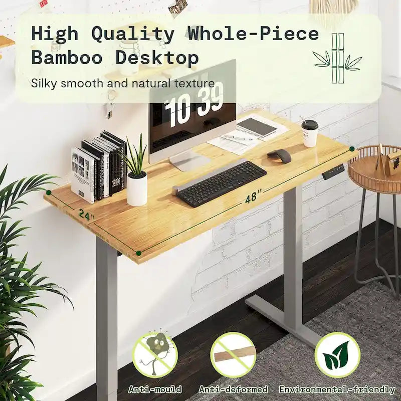 Electric Height-Adjustable Standing Desk with 100% Bamboo Top & Memory Controller