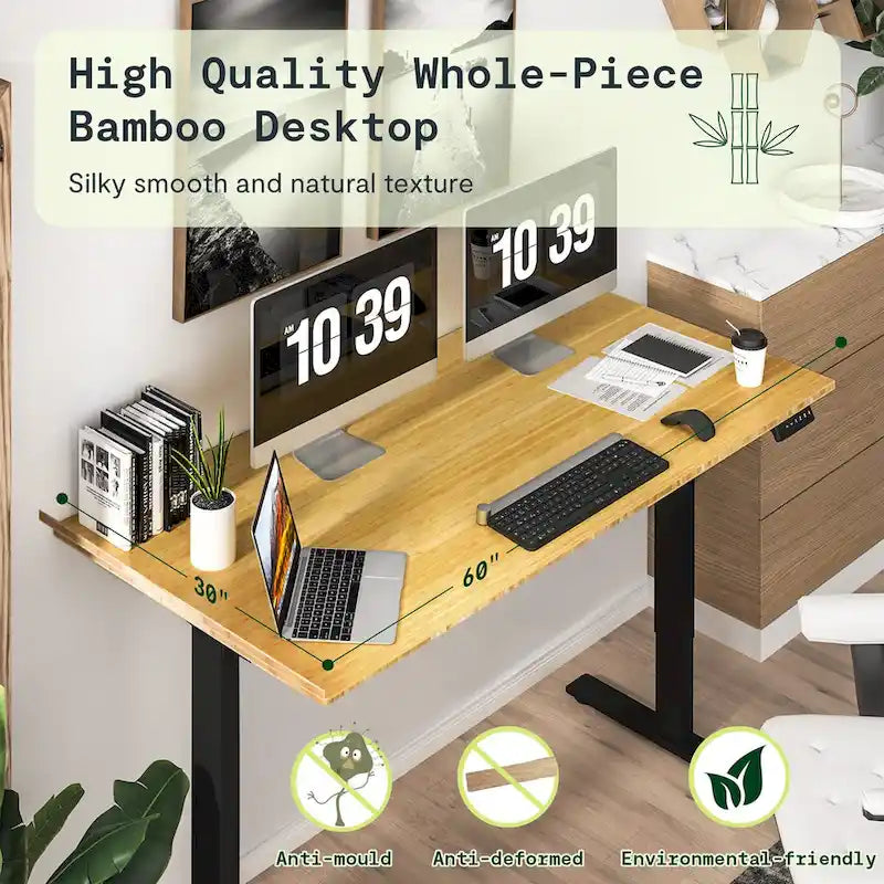 Electric Height-Adjustable Standing Desk with 100% Bamboo Top & Memory Controller