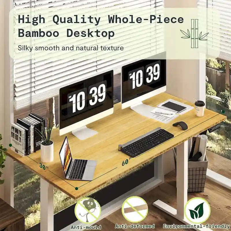 Electric Height-Adjustable Standing Desk with 100% Bamboo Top & Memory Controller