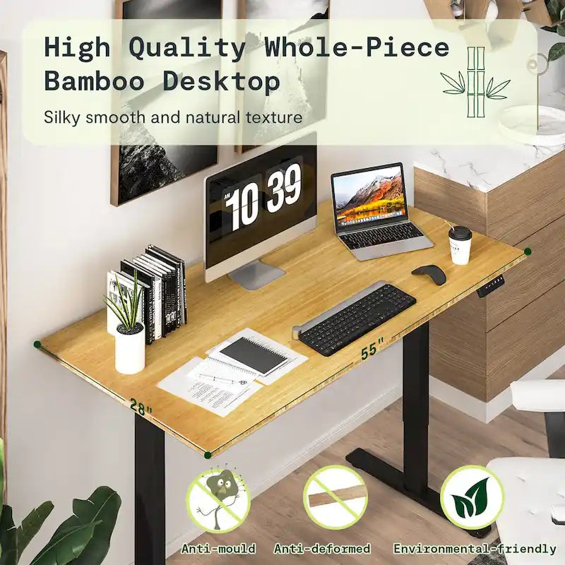Electric Height-Adjustable Standing Desk with 100% Bamboo Top & Memory Controller