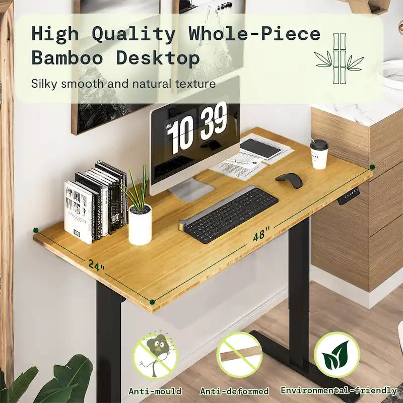 Electric Height-Adjustable Standing Desk with 100% Bamboo Top & Memory Controller