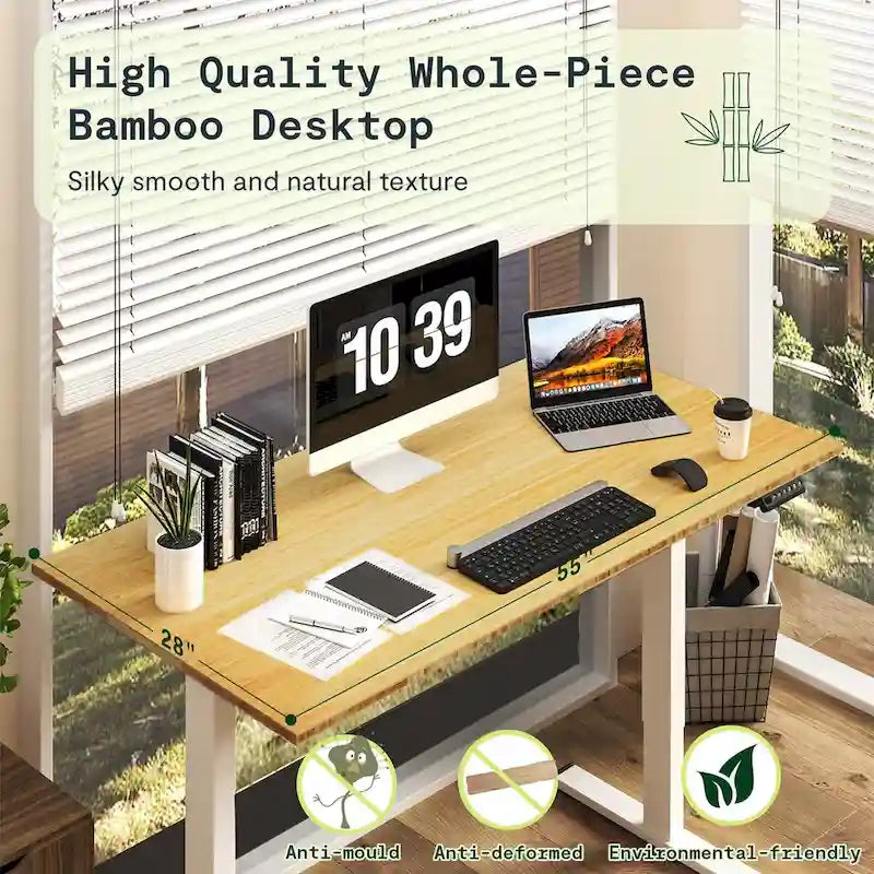 Electric Height-Adjustable Standing Desk with 100% Bamboo Top & Memory Controller