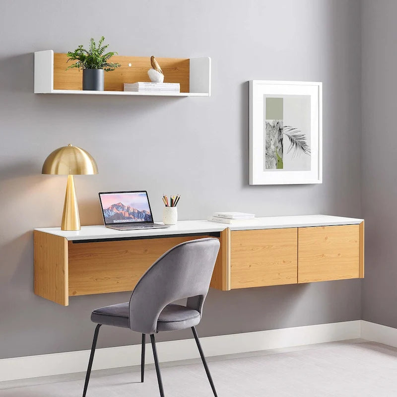 Wall-Mount Office Desk with Storage Cabinet & Floating Shelf