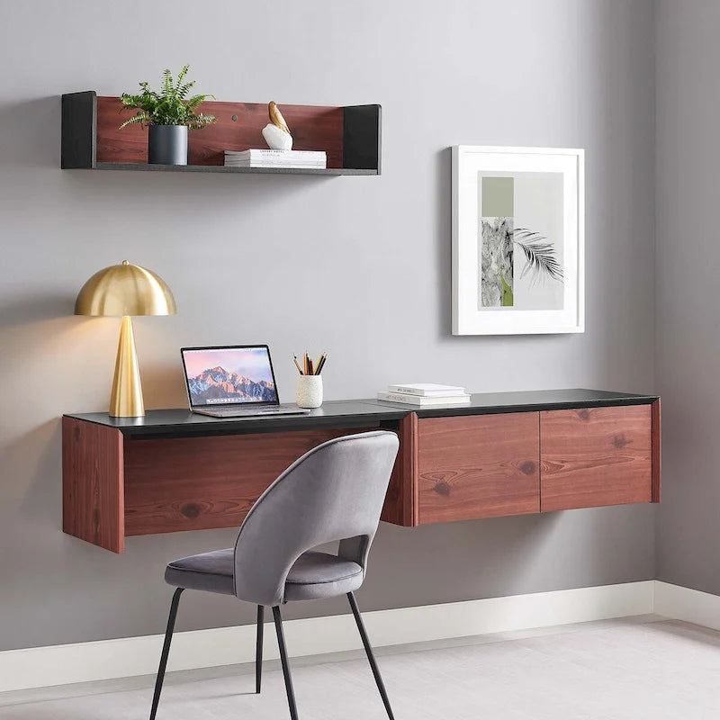 Wall-Mount Office Desk with Storage Cabinet & Floating Shelf