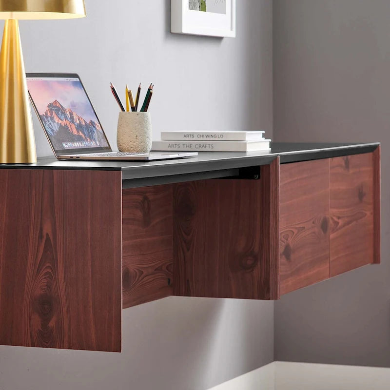 Wall-Mount Office Desk with Storage Cabinet & Floating Shelf