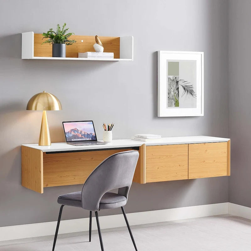 Wall-Mount Office Desk with Storage Cabinet & Floating Shelf