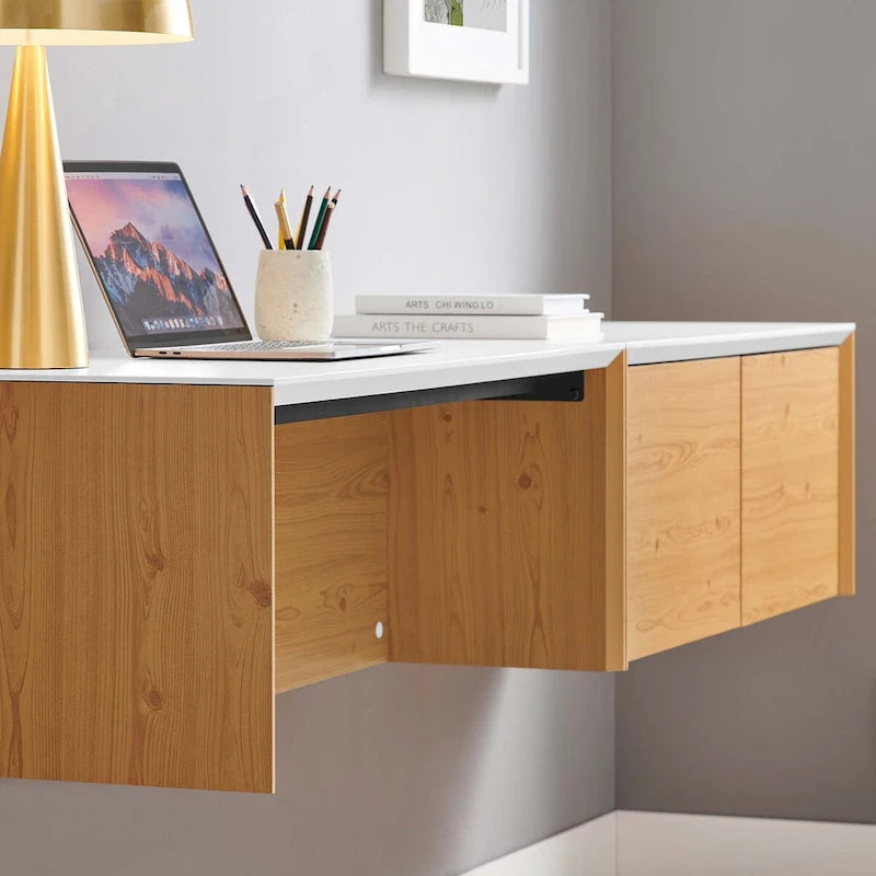 Wall-Mount Office Desk with Storage Cabinet & Floating Shelf