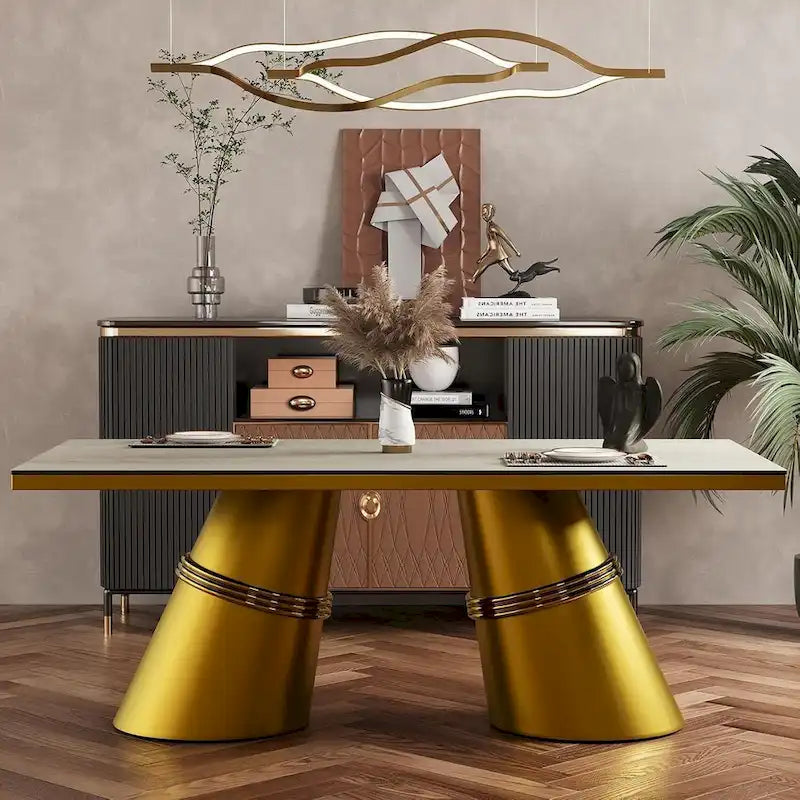 78-Inch Tempered Glass Dining Table with Brushed Gold Tapered Barrel Base — Seats 6 to 8