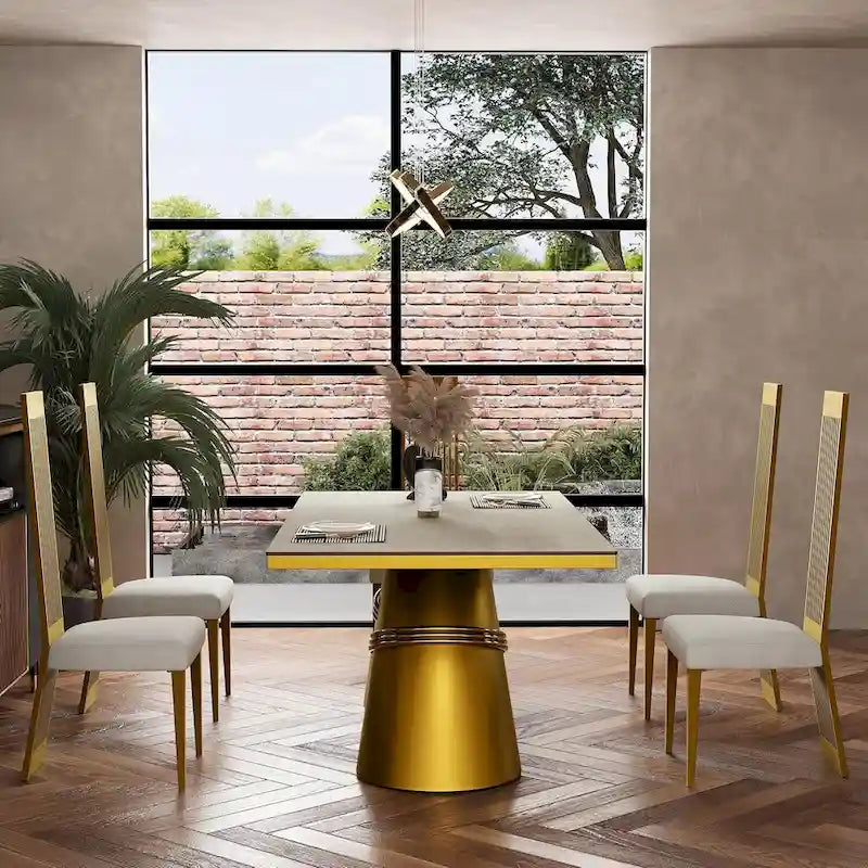 78-Inch Tempered Glass Dining Table with Brushed Gold Tapered Barrel Base — Seats 6 to 8