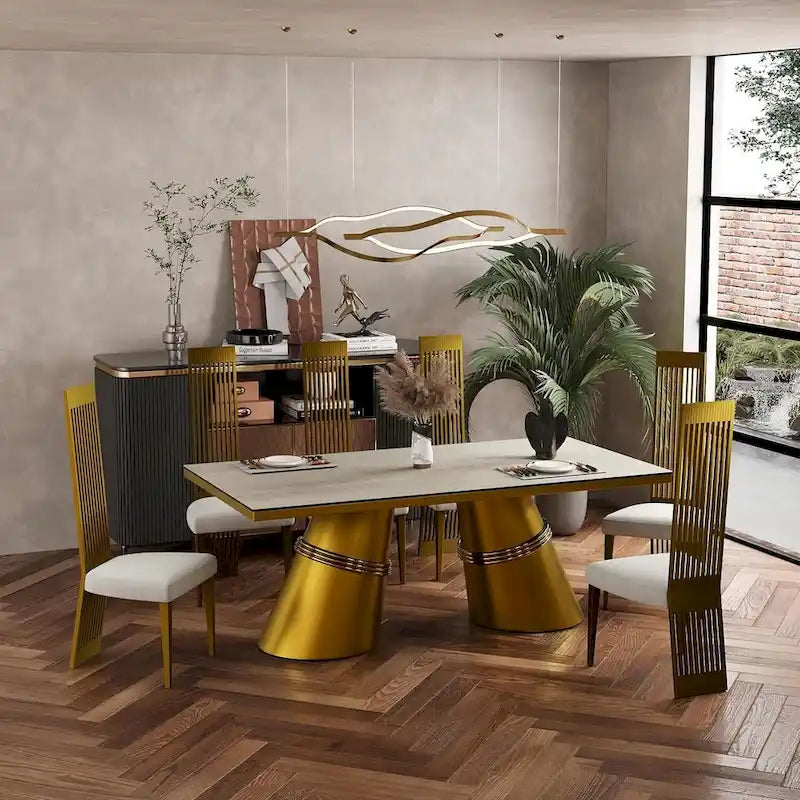 78-Inch Tempered Glass Dining Table with Brushed Gold Tapered Barrel Base — Seats 6 to 8
