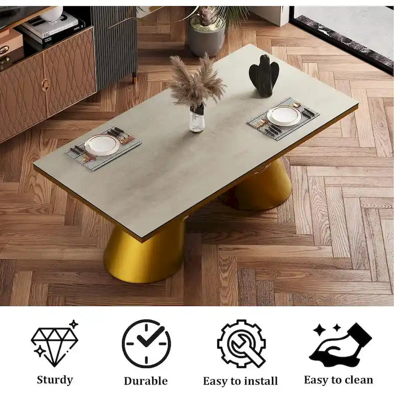 78-Inch Tempered Glass Dining Table with Brushed Gold Tapered Barrel Base — Seats 6 to 8