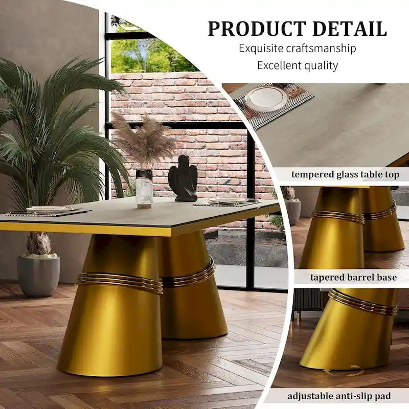 78-Inch Tempered Glass Dining Table with Brushed Gold Tapered Barrel Base — Seats 6 to 8