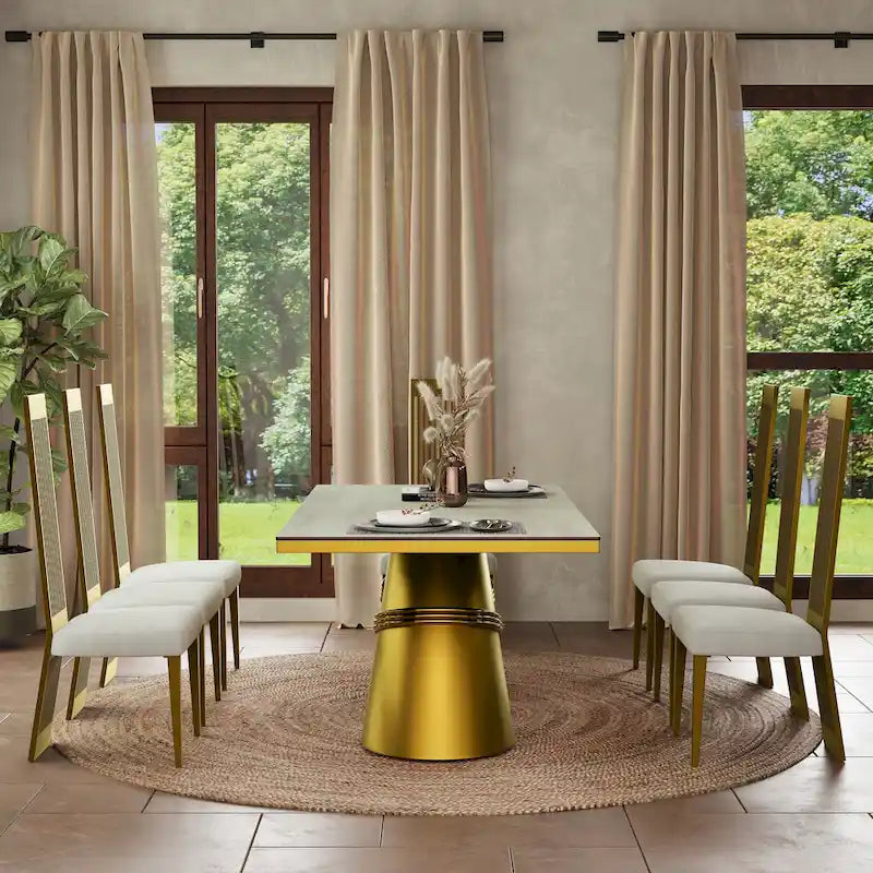 78-Inch Tempered Glass Dining Table with Brushed Gold Tapered Barrel Base — Seats 6 to 8
