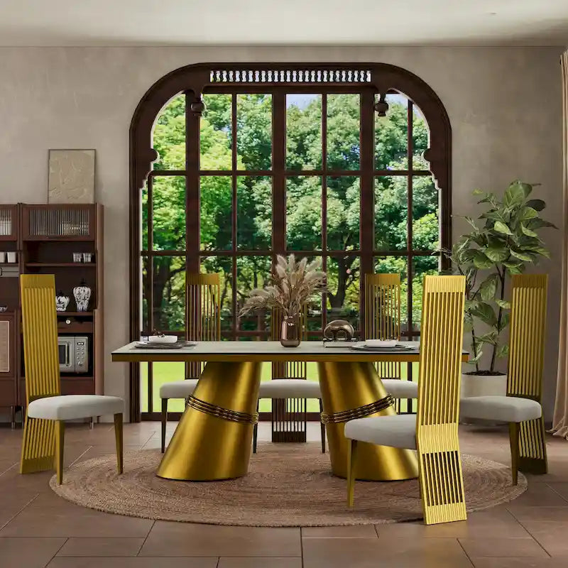 78-Inch Tempered Glass Dining Table with Brushed Gold Tapered Barrel Base — Seats 6 to 8