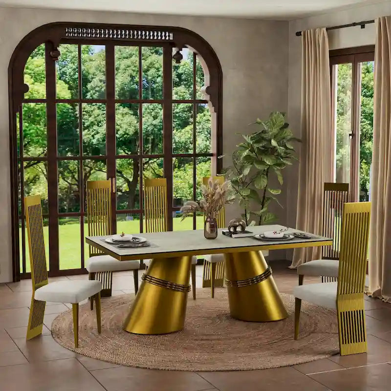 78-Inch Tempered Glass Dining Table with Brushed Gold Tapered Barrel Base — Seats 6 to 8