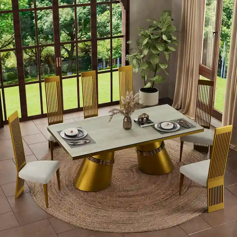78-Inch Tempered Glass Dining Table with Brushed Gold Tapered Barrel Base — Seats 6 to 8