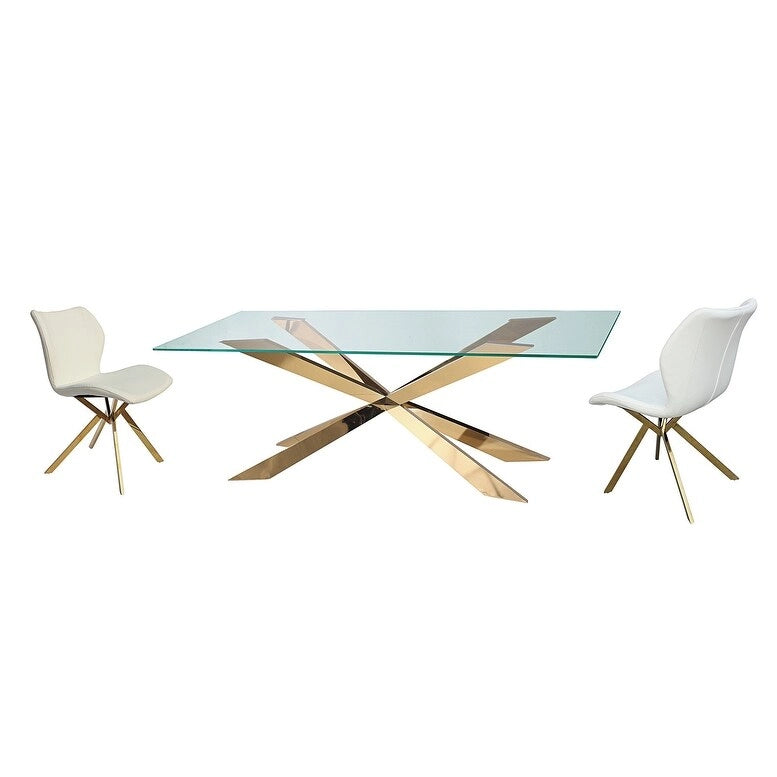 Glass Top Dining Table with Gold X-Cross Metal Base
