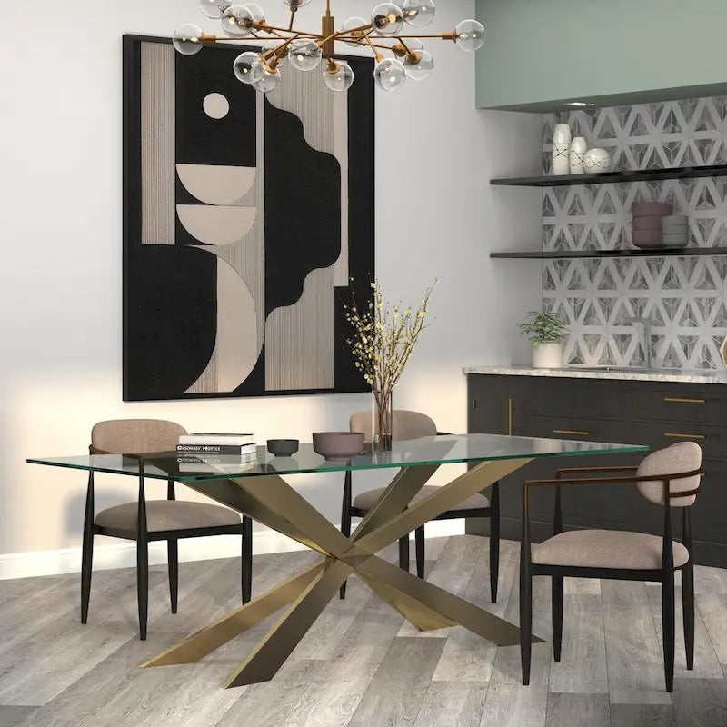 Glass Top Dining Table with Gold X-Cross Metal Base