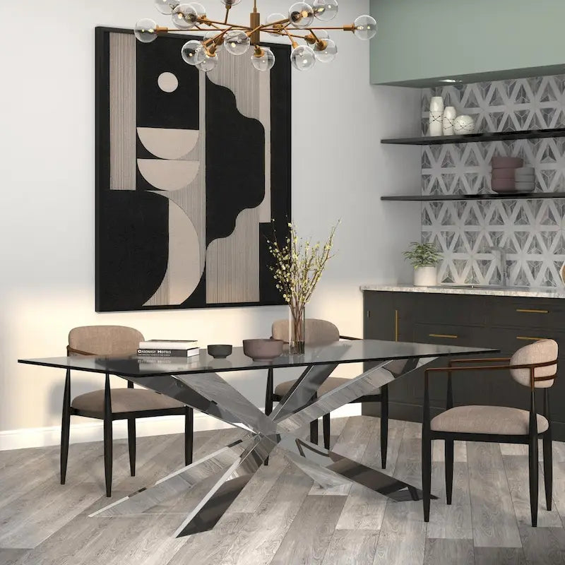 Glass Top Dining Table with Gold X-Cross Metal Base