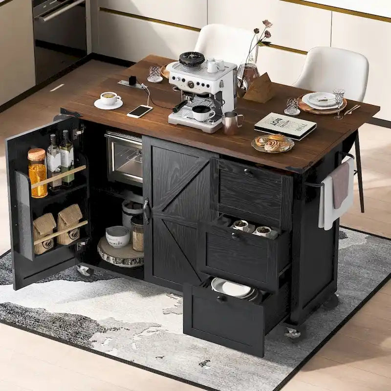 Farmhouse Kitchen Island Cart with Drop Leaf, Barn Doors and Built-In Power Outlet