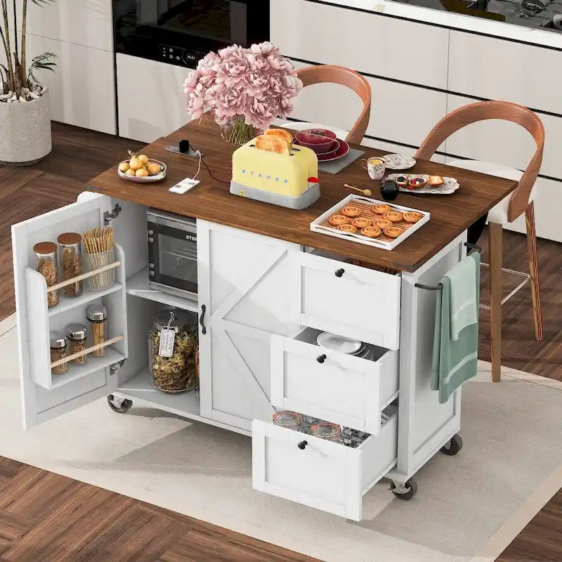 Farmhouse Kitchen Island Cart with Drop Leaf, Barn Doors and Built-In Power Outlet