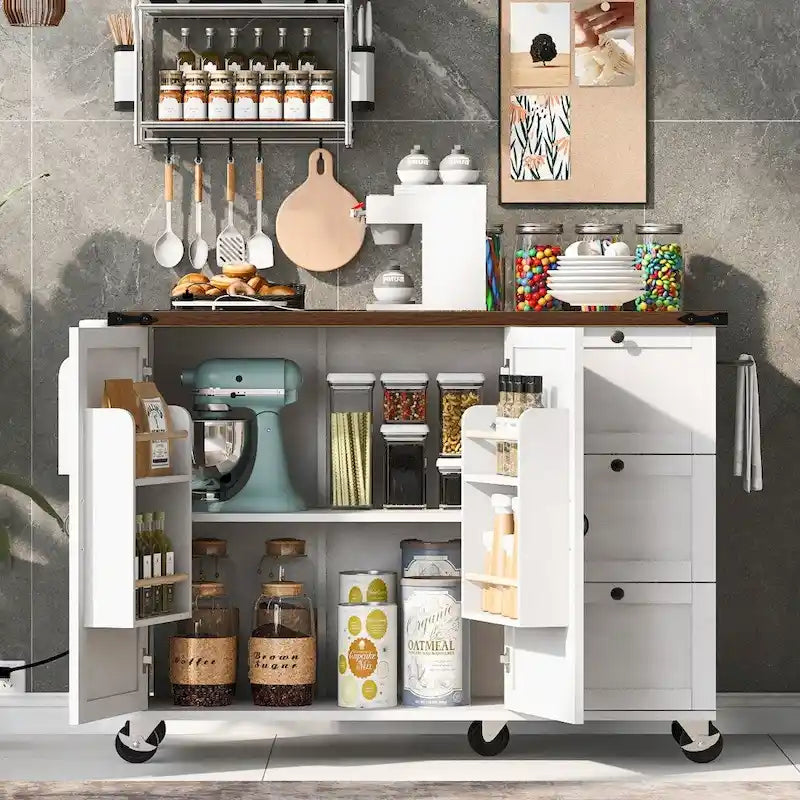 Farmhouse Kitchen Island Cart with Drop Leaf, Barn Doors and Built-In Power Outlet
